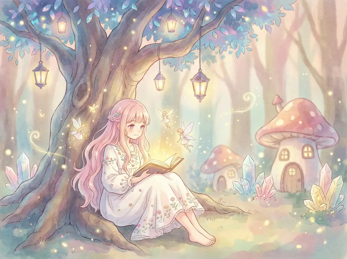 西厢艳谈 - 魔法森林中阅读故事书的粉发少女与精灵